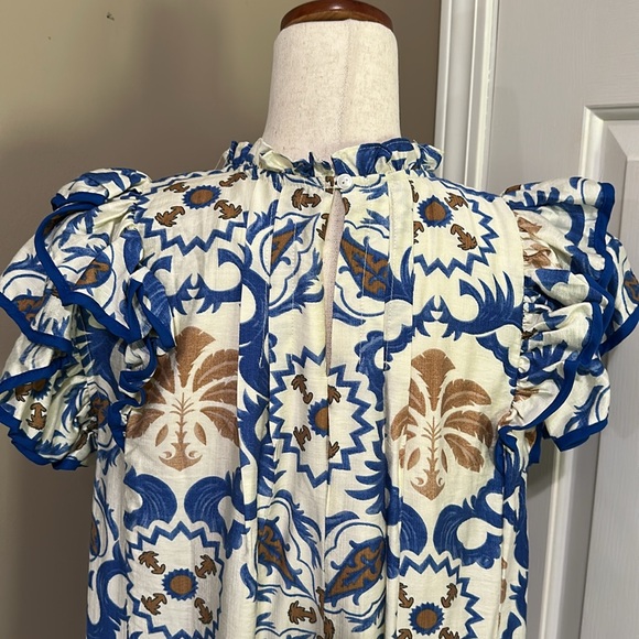 Umgee Boho Double Ruffle Sleeve Mini Dress in Blue Multi - Picture 7 of 9